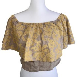 Eva Mendes🦎Crop Top XS Tan Yellow Embroidery Off Shoulder🌵